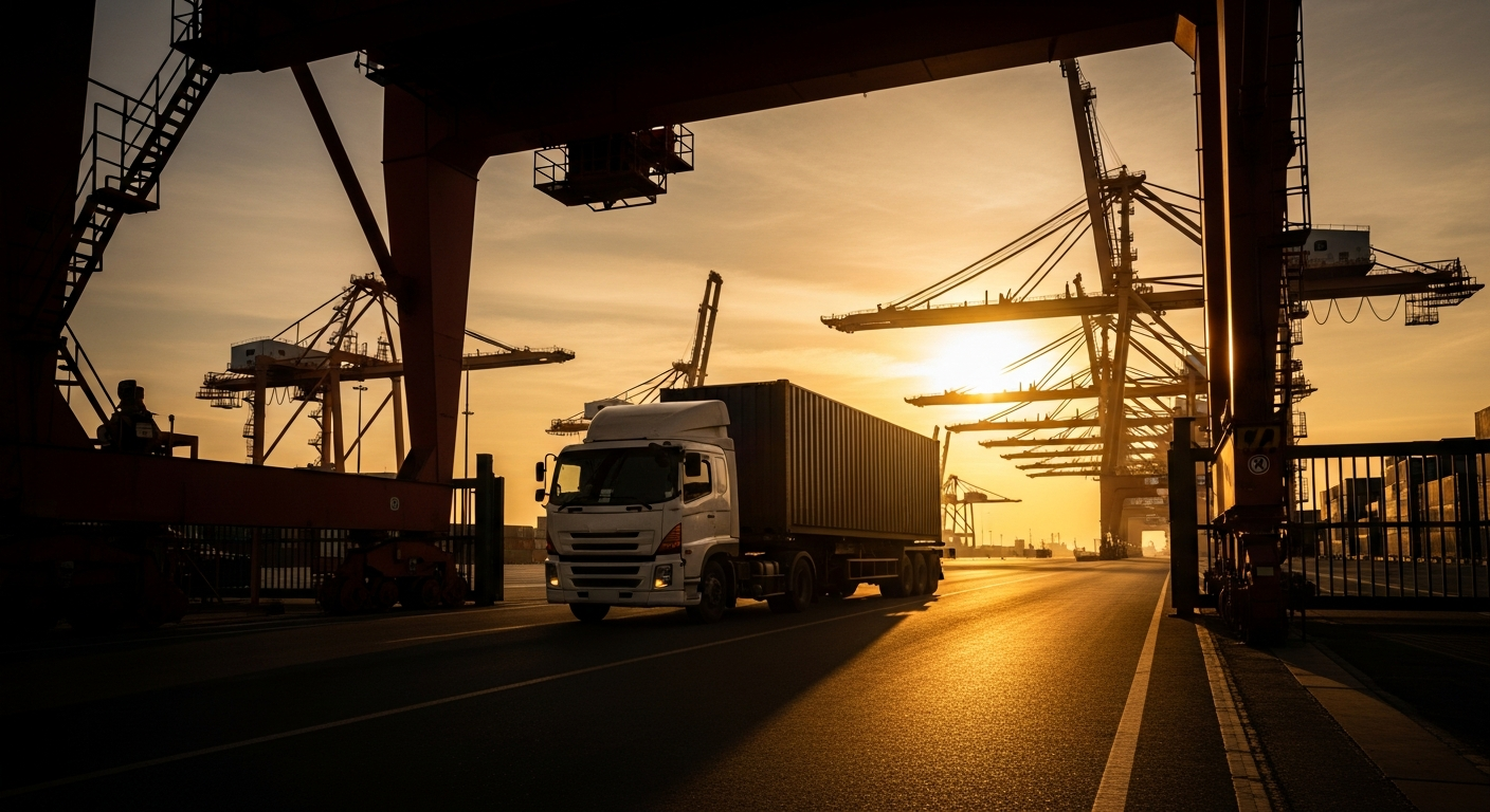 Container truck leaving port terminal at sunrise