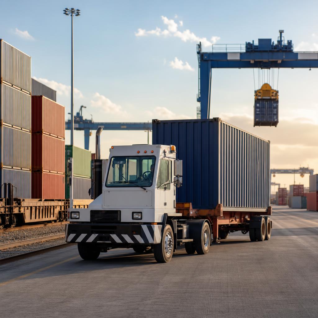 Intermodal drayage tractor with a container chassis at a rail terminal