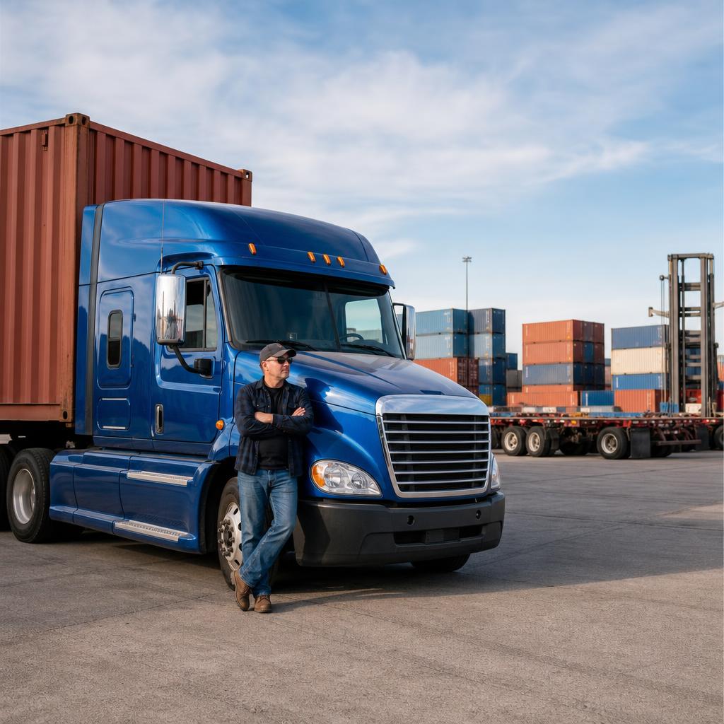 Owner-operator truck at a logistics yard near Carson