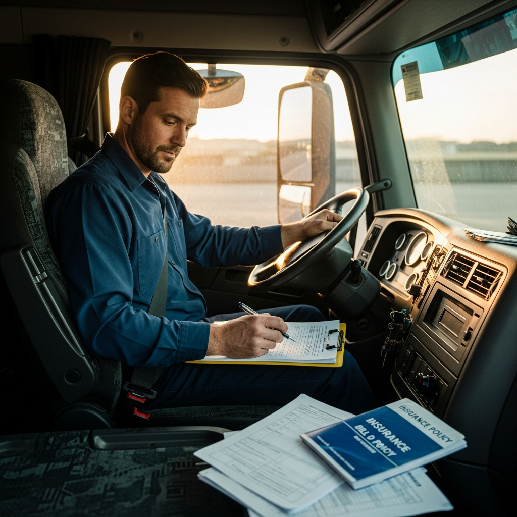 Truck driver reviewing insurance documents in cab