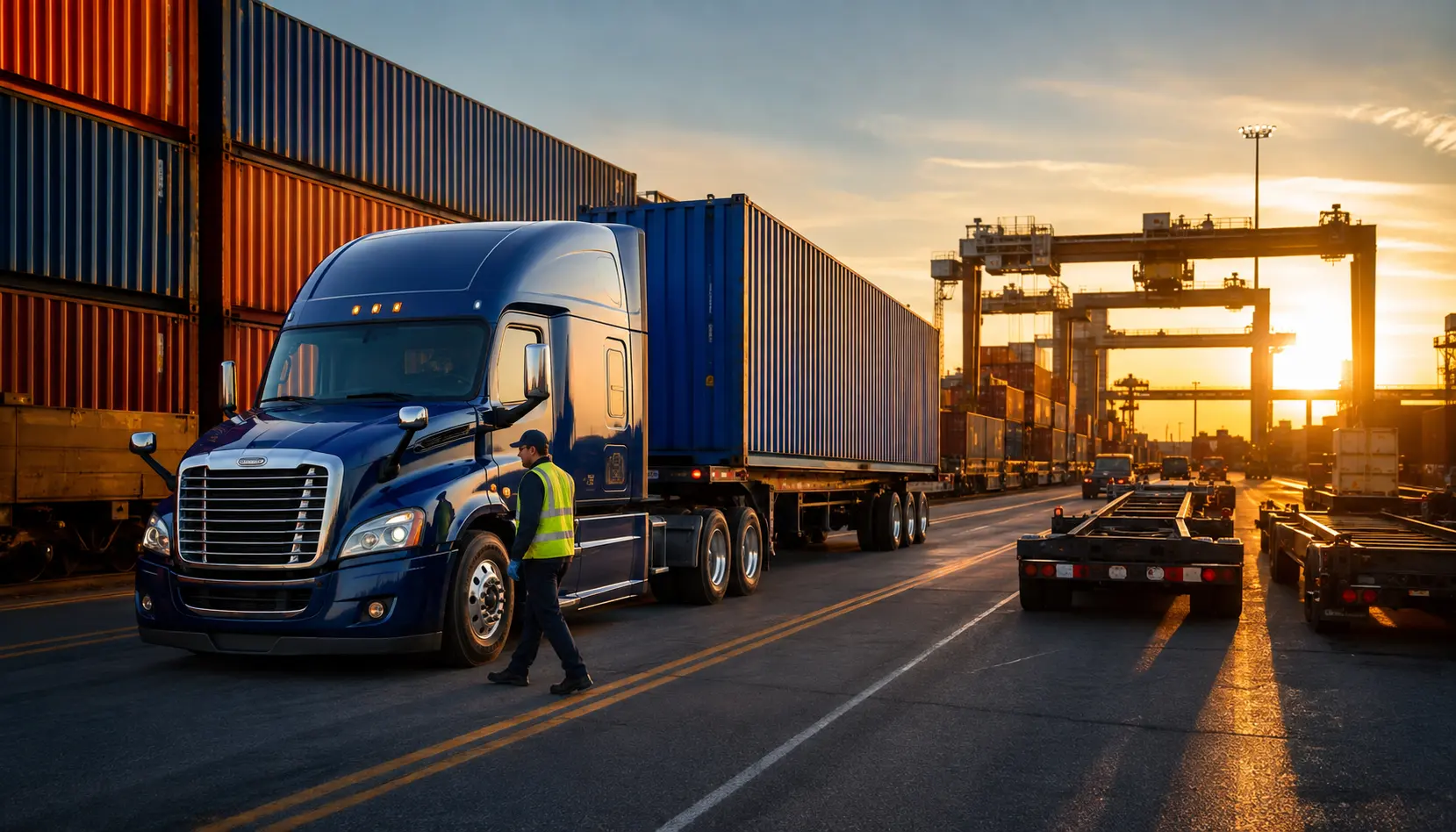 Intermodal container truck operating beside a rail ramp